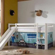 Cama alta de Criança PINO 90 x 200 cm + estrado + escada + escorrega + cortina Policia Branca