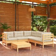 vidaXL 6 pcs conjunto lounge jardim c/ almofadões creme pinho maciço