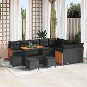 vidaXL Conjunto de Sofá de Jardim de 13 Peças da com Almofadas em Rattan Preto e Acácia.