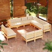 vidaXL 11 pcs conjunto lounge jardim c/ almofadões creme pinho maciço