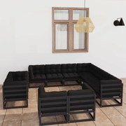 vidaXL 11pcs conj. longue de jardim c/ almofadões pinho maciço preto
