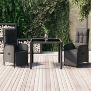 vidaXL 3 pcs conjunto de jantar p/ jardim c/ almofadões vime PE preto