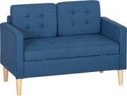 HOMCOM Sofá 2 lugares com armazenamento, capitonê, almofada, madeira de seringueira, 117x62x78cm, Azul | Aosom Portugal