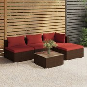 5 pcs conjunto lounge jardim c/ almofadões vime PE castanho