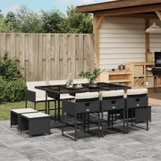 11 pcs conjunto de jantar p/ jardim c/ almofadões vime PE preto