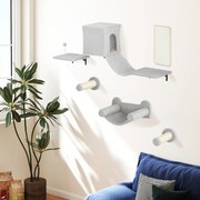 Conjunto de Prateleiras de Escalada para Gatos de 6 Peças com Placa para Arranhar e Poste de Sisal Cinzento
