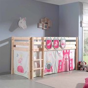 Conjunto Cama alta de Criança PINO 90 x 200 cm + estrado + escada + cortina + 3 bolsas Princesa Natural