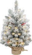 HOMCOM Mini Árvore de Natal Artificial com 35 Luzes LED 60 cm com 72 Ramos com Neve Pinhas Bagas e Base de Saco de Juta Ø37x60 cm Verde | Aosom Portugal