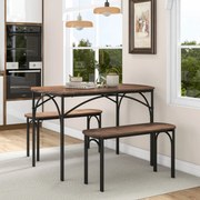 Conjunto de mesa de jantar de 3 peças para 4 pessoas Mesa retangular de madeira e 2 bancos com estrutura metálica  castanho