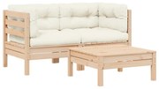vidaXL 3 pcs conjunto lounge jardim c/ almofadões creme pinho maciço