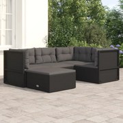 vidaXL 5 pcs conjunto lounge de jardim c/ almofadões vime PE preto