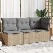 vidaXL Sofá de jardim de 3 lugares com almofadões vime PE bege