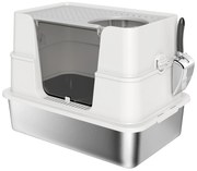 PawHut Caixa de Areia para Gatos de Aço Inoxidável XL com Tampa Abatível Entradas Altas Pá Antifugas 60,2x40,2x44,5 cm Cinza Claro | Aosom Portugal