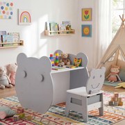 Mesa e cadeira infantil 3 em 1 com tema de urso, secretária infantil com quadro de giz de dupla face, estante, ganchos e gaveta, para crianças dos 3 a