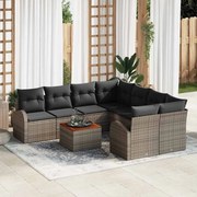 vidaXL Conjunto de Sofá de Jardim com 9 Peças e Almofadas Cinzas em Rattan Sintético e Acácia.