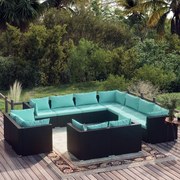 11 pcs conjunto lounge de jardim c/ almofadões vime PE preto