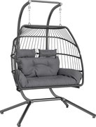 Outsunny Cadeira suspensa, Cadeira de cesto dobrável com almofada, Estrutura em aço, para interior e exterior, suporta até 260 kg, Cinza escuro | Aosom Portugal