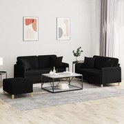 vidaXL 3 pcs conjunto de sofás com almofadas tecido preto