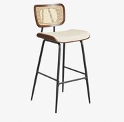 Banco Alto Em Madeira, Rattan E Couro Sintético Raysa Madeira Escura & ↑75 Cm & Couro Sintético Branco Quebrado - Sklum