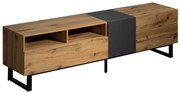 Móvel para TV Moderno Colorblocking com Veios de Madeira, Design Irregular, 180x45,5x35cm, Madeira+Preto