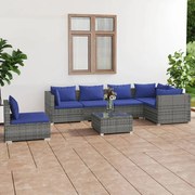 7 pcs conjunto lounge de jardim c/ almofadões vime PE cinza