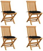 vidaXL Cadeiras de jardim c/ almofadões pretos 4 pcs teca maciça