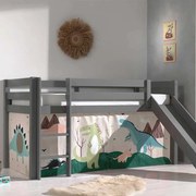 Cama alta de Criança PINO 90 x 200 cm + estrado + escada + escorrega + cortina Dinossauros Cinzenta
