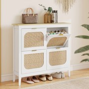 Sapateira Estreita com 4 Portas em Vime e Prateleiras Ajustáveis para 20 Pares de Sapatos 105x24x95,5 cm Branco