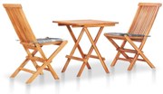 vidaXL Conjunto bistrô c/ almofadões xadrez cinzento 3 pcs teca maciça