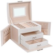 Caixa de joias SONGMICS de 3 andares, estojo de viagem para joias com alça, 2 gavetas, organizador de joias com fechadura e espelho, armazenamento de joias, estilo moderno, presente para entes queridos, branco JBC154W01