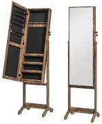 HOMCOM Espelho Joalheiro de Pé com Ângulos Ajustáveis Fechadura Magnética Organizador de Joias com Prateleiras 46x36,5x151,5cm Marrom Rústico | Aosom Portugal
