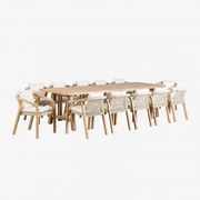 Conjunto De Mesa Retangular 300x100 Cm E 12 Cadeiras De Jardim Em Madeira De Acácia Dubai Castanho Acácia Rústico & Tecido Gardénia Branco - Sklum