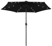 vidaXL Guarda-sol de jardim c/ luzes LED/poste alumínio 270 cm preto