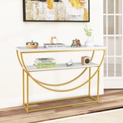 Mesa consola de 2 níveis com tampo em mármore de imitação 120 x 30 x 80,5 cm Branco + Dourado