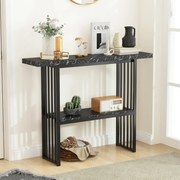 Mesa Consola de 2 Níveis Estreita em Imitação de Mármore com Estrutura em Aço 120 x 29,5 x 92,5 cm Preta