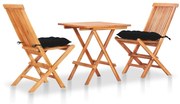 vidaXL Conjunto bistrô c/ almofadões pretos 3 pcs teca maciça