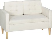 HOMCOM Sofá de 2 Lugares com Espaço de Armazenamento Pés de Madeira Encosto Capitonê 117x62x78 cm Creme | Aosom Portugal
