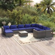 vidaXL 11 pcs conjunto lounge de jardim c/ almofadões vime PE cinzento