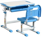 HOMCOM Secretária Infantil 2 em 1 Conjunto de Secretária e Cadeira para Crianças acima de 6 Anos com Altura Ajustável Mesa com Ângulos Regulável e Bandeja Deslizante 66x47x77cm Azul