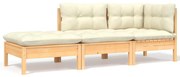 vidaXL 3 pcs conjunto lounge jardim c/ almofadões creme pinho maciço