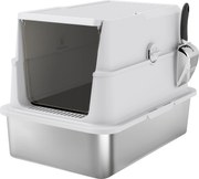 PawHut Caixa sanitária para gatos, aço inoxidável, interior XL, com pá, cinza claro | Aosom Portugal