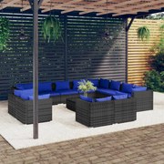 13 pcs conjunto lounge de jardim c/ almofadões vime PE cinzento