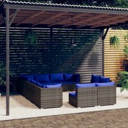 12 pcs conjunto lounge de jardim c/ almofadões vime PE cinzento