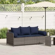 vidaXL Sofá de jardim de 3 lugares com almofadões vime PE cinzento