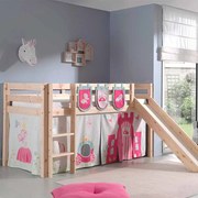 Conjunto Cama alta de Criança PINO 90 x 200 cm + estrado + escada + escorrega + cortina + bolsas de arrumação Princesa Natural