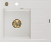 Mexen Ben lava-loiça de granito de 1 cuba com escorredor, esquerdo 600 x 500 mm, branco, sifão dourado - 6522605000-20-G