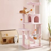 Arranhador Gatos para arranhar com 143 cm de altura com 2 plataformas e rede cor-de-rosa pastel