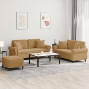 3 pcs conjunto de sofás com almofadas veludo castanho