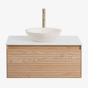 Conjunto De Móvel De Casa De Banho Suspenso 80x50 Cm Em Madeira De Freixo Tedrik Castanho Fresno & Cimento Redondo Branco Ø40 Cm Zavion & - Sklum