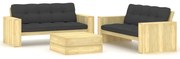 3 pcs conjunto lounge de jardim com almofadões pinho impregnado